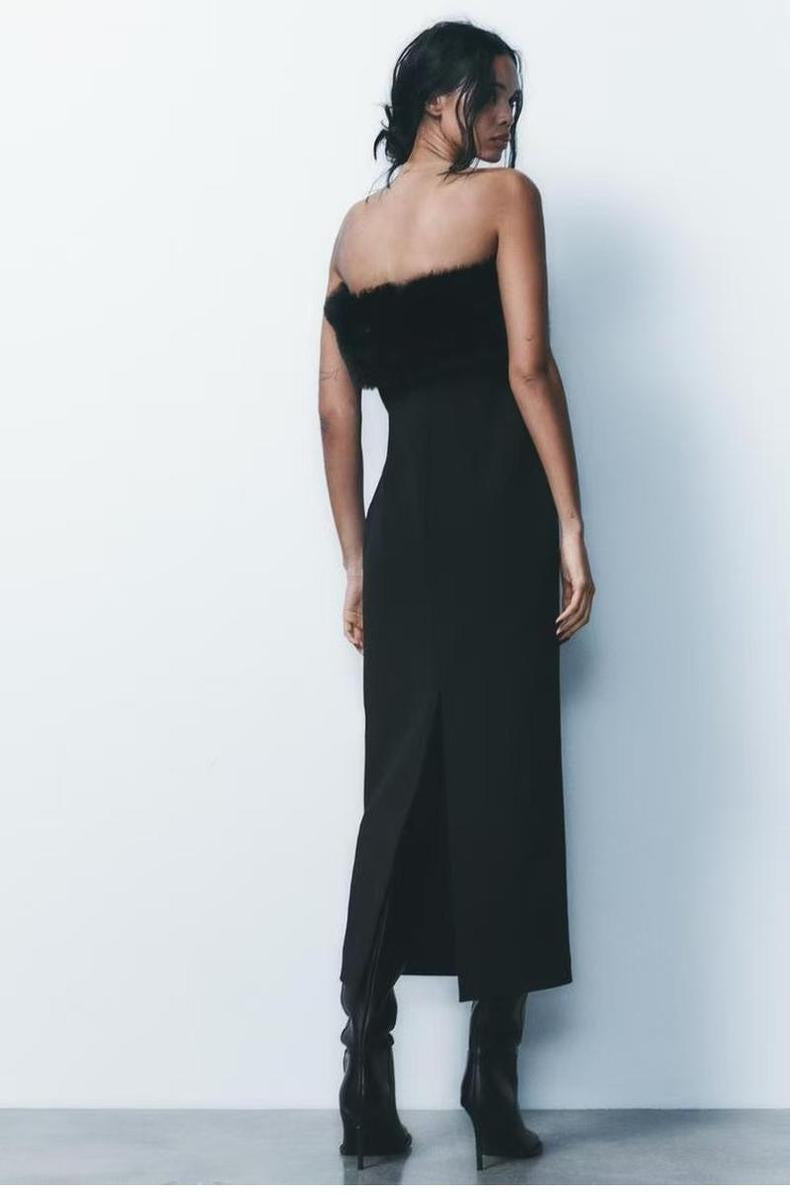 Schwarzes Abendkleid mit Kunstfell