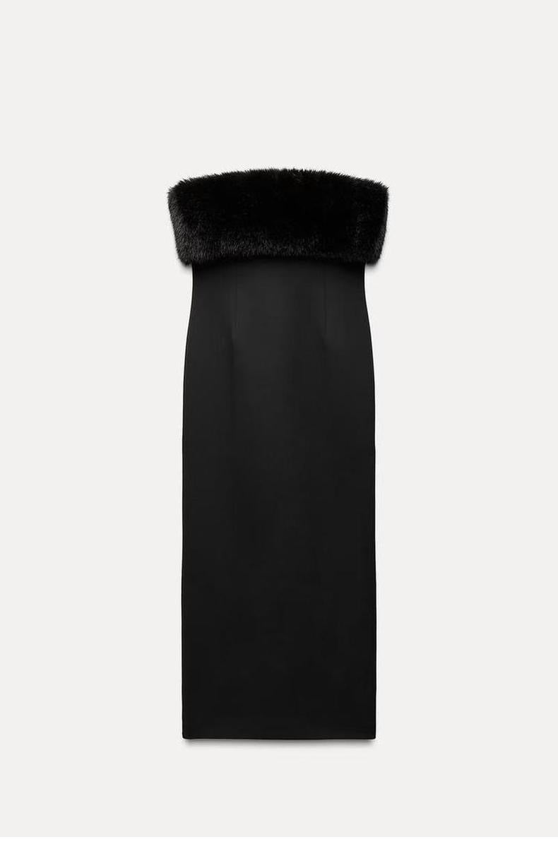 Schwarzes Abendkleid mit Kunstfell